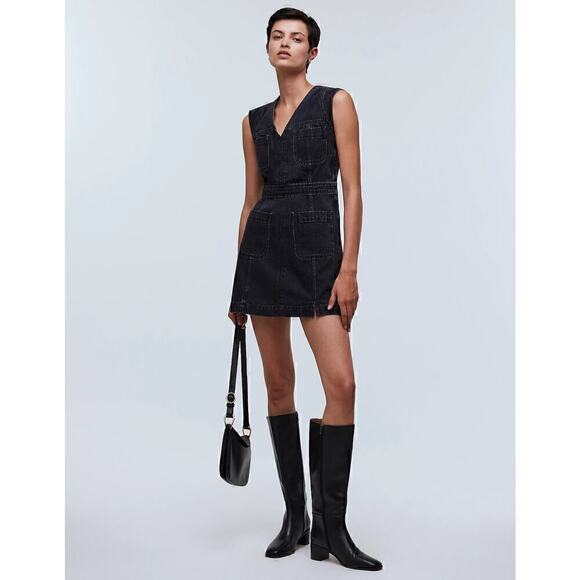 Madewell Women's Denim Cap-Sleeve Mini Dress in Tarrybrook Wash Black Size 12 - Picture 1 of 12